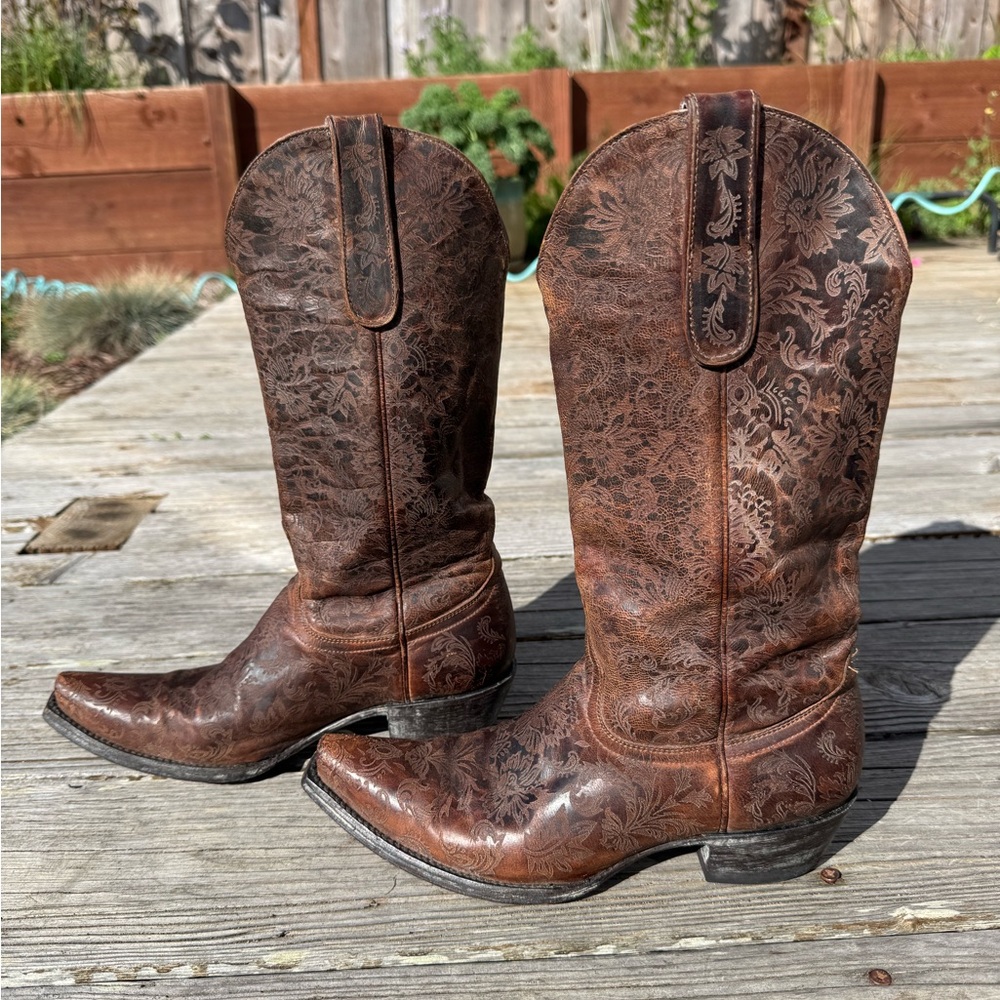 Women's Paisley Etched Leather Pointed Toe Western Cowboy Boot Old Gringo
